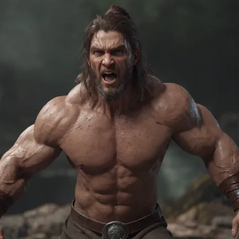 (professional 3d render:1.3) af (Realistic:1.3) most beautiful artwork photo in the world，Features soft and shiny male heroes, ((Epic hero fantasy muscle man rough wet hero angry look long hair short beard and ferocious expression in dynamic pose, Fantasti...