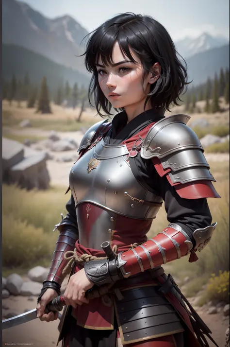 (8K,Photorealsitic　Raw photography　top-quality;1.4) 　(1girl in)　Super beauty　(Lifelike face)　Muscular and macho female body　(short black hair)　Hold the sword correctly　Black and red Japan samurai armor　Beautiful expression　glareing　(real looking skin)　(War...