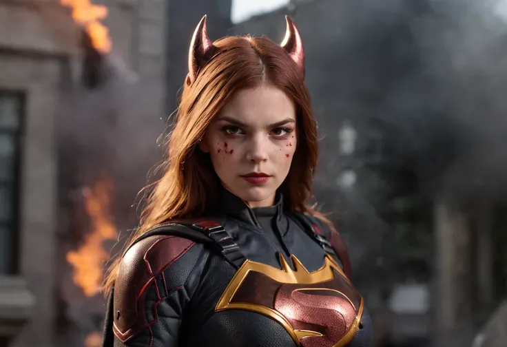 Batgirl, Close up, 1girl, Fighting crime in Gotham, Bloody from battle, Fire and smoke surround her.