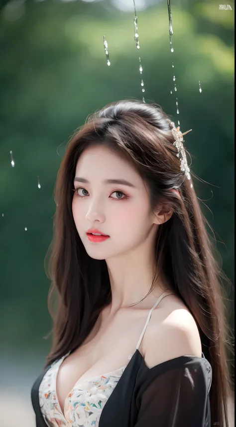 ((Best Quality, 8k, Masterpiece: 1.3)), Focus: 1.2, Perfect Body Beauty: 1.4, Buttocks: 1.2, ((Layered Haircut)), (Wet Clothes: 1.1), (Rain, Street:1.3), (Breasts: 1.2), (Hanfu: 1.2), Bare Shoulders, Bare Legs, Highly Detailed Face and Skin Texture, Fine E...