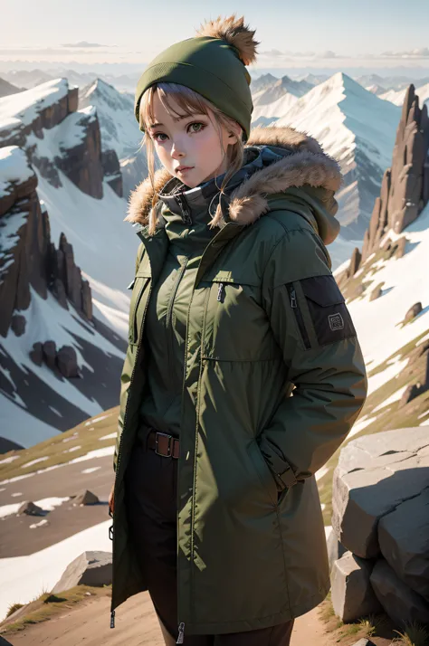 Exaggerated costume design，Outdoor style，onthe mountain，Neutral style，Multi-pocket design，The material is made with a fine check，Waterproof dark green down coat