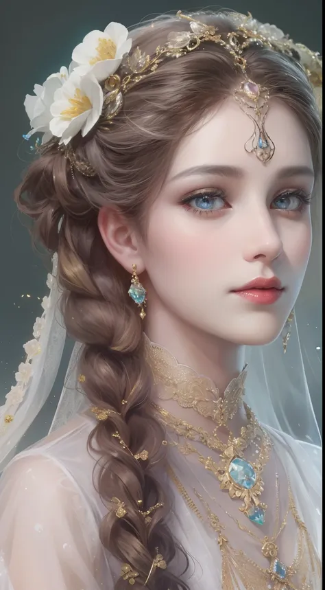 tmasterpiece，Best picture quality，A beautiful bust of a noble maiden，Delicate braids，Clear eyes，The hair is covered with beautiful and delicate floral craftsmanship，Crystal jewelry filigree，Ultra-detailed details，Soft lighting。