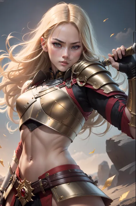 (8K,Photorealsitic　Raw photography　top-quality;1.4) 　(1girl in)　Super beauty　(Lifelike face)　Muscular and macho female body　(Long gold hair)　Hold the sword correctly　Black and red Japan samurai armor　Beautiful expression　glareing　(real looking skin)　(Warri...