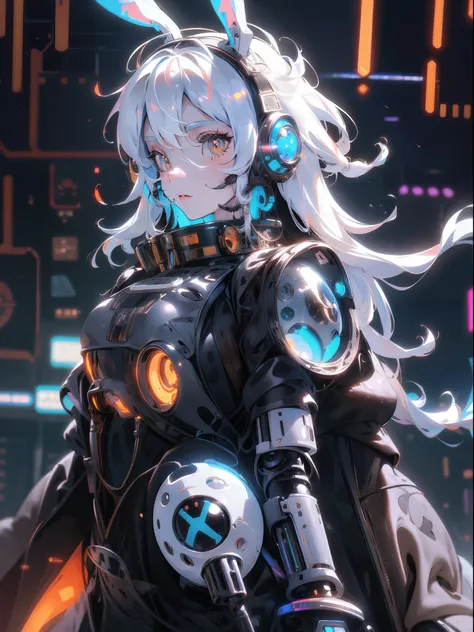 black_background,1girl, android, animal_ears, astronaut, brown_eyes, cyberpunk, cyborg, fake_animal_ears, headphones, humanoid_robot, joints, mechanical_parts, power_armor, rabbit_ears, robot_joints, science_fiction, solo, space, space_helmet, white_hair