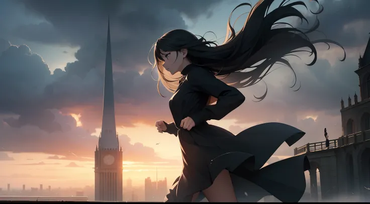 Masterpiece, High quality, With a sense of speed, Side view of a beautiful girl running so fast, A deep picture of sadness and hope, Dark clouds approaching the bottom of the Earth, A dystopian city surrounded by high walls, girl in black dress, Long hair ...