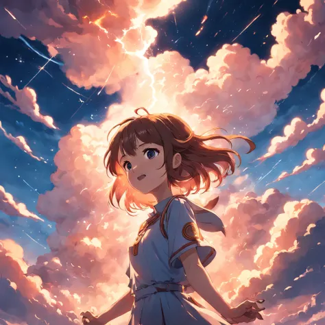 masterpiece, best quality, movie still, 1girl, cloud girl, floating in the sky, close-up, bright, happy, warm soft lighting, sunset, (sparks:0.7)