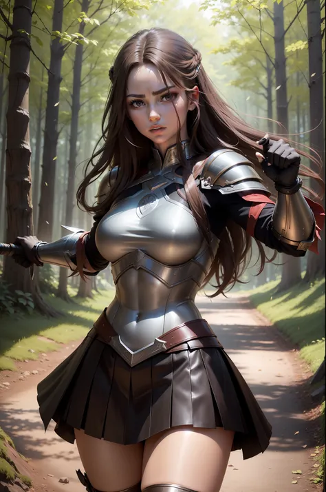 (8K,Photorealsitic　Raw photography　top-quality;1.4) 　(1girl in)　Super beauty　(Lifelike face)　Muscular and macho female body　(Brown hair long hair)　Hold the sword correctly and hold it in front of you　combat scene　Metallic black and red armor　Beautiful expr...