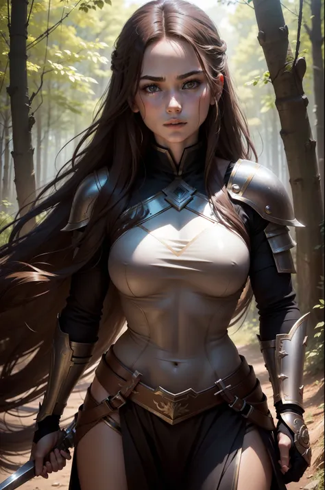 (8K,Photorealsitic　Raw photography　top-quality;1.4) 　(1girl in)　Super beauty　(Lifelike face)　Muscular and macho female body　(Brown hair long hair)　Hold the sword correctly and hold it in front of you　combat scene　Metallic black and red armor　Beautiful expr...