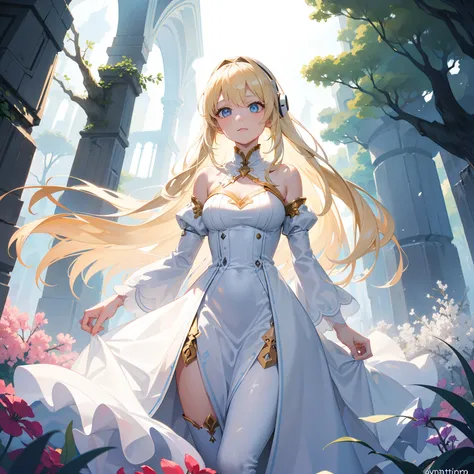 Generate an AI image of a blonde girl in a beautiful white dress, adventuring in a fantastical world