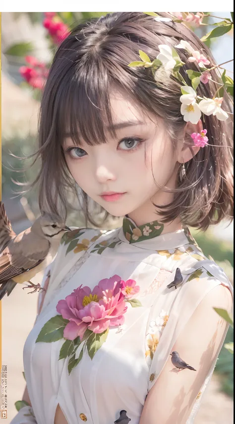 (Super masterpiece、Ultra-realistic、An ultra-high picture quality、超A high resolution、Raw photography、ultra hi definition photo、super sharp focus)、((Birds swim sixty flowers))、(Secondary disease)、a japanese beauty woman、18year old、(Super beautiful idol face、...