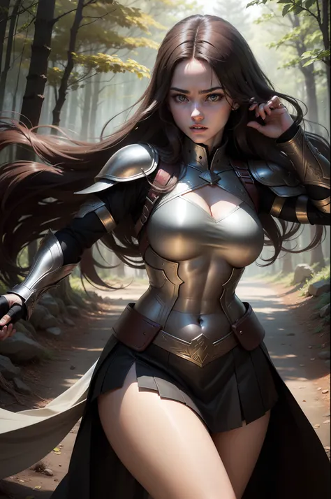 (8K,Photorealsitic　Raw photography　top-quality;1.4) 　(1girl in)　Super beauty　(Lifelike face)　Muscular and macho female body　(Brown hair long hair)　Hold the sword correctly and hold it in front of you　combat scene　Metallic black and red armor　Beautiful expr...