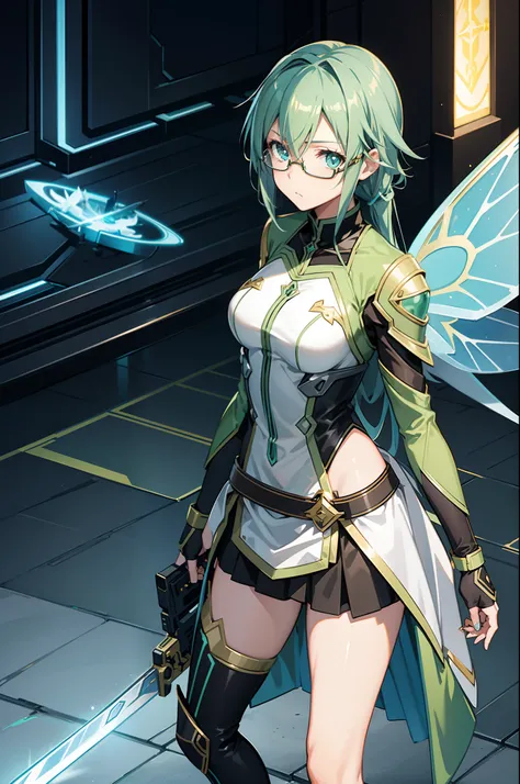 sword art online asada sinon, large fairy wings, gold glasses, masterpieces, best quality anime 16k wallpaper, cyberpunk virtual background, sniper aura, bullet effect