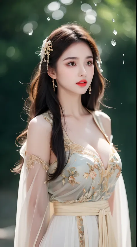 ((Best Quality, 8k, Masterpiece: 1.3)), Focus: 1.2, Perfect Body Beauty: 1.4, Buttocks: 1.2, ((Layered Haircut)), (Wet Clothes: 1.1), (Rain, Street:1.3), (Breasts: 1.2), (Hanfu: 1.2), Bare Shoulders, Bare Legs, Highly Detailed Face and Skin Texture, Fine E...