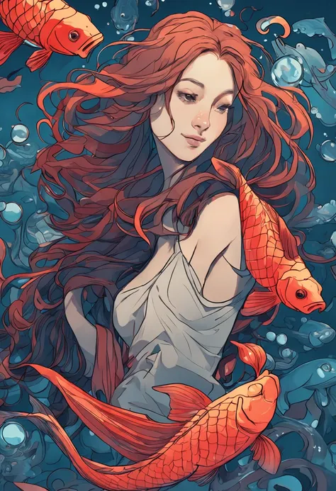 In the deep sea, A long-haired girl holds a koi fish in her arms，Ultra-clear，2D，Emphasize red and blue，Golden section