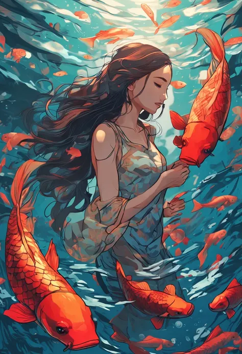 In the deep sea, A long-haired girl holds a koi fish in her arms，Ultra-clear，2D，Emphasize red and blue，Golden section