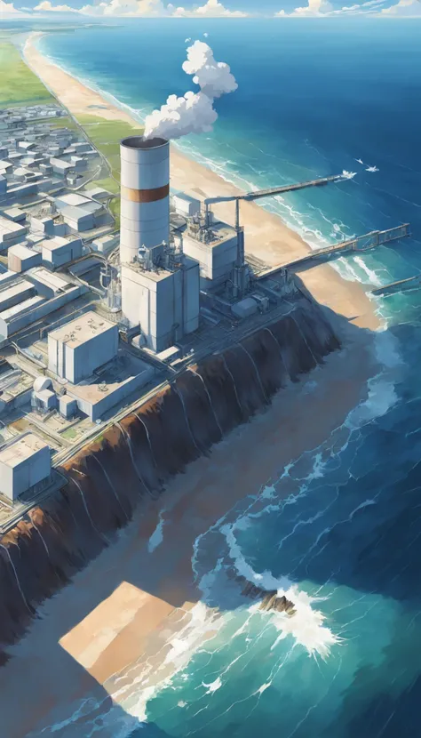 Depicting the appearance of the Fukushima nuclear power plant, Show the discharge outlet to dump contaminated water into the ocean. Emphasize the contrast between nuclear power plants and the vast sea