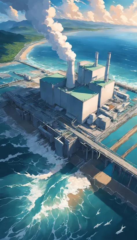 Depicting the appearance of the Fukushima nuclear power plant, Show the discharge outlet to dump contaminated water into the ocean. Emphasize the contrast between nuclear power plants and the vast sea