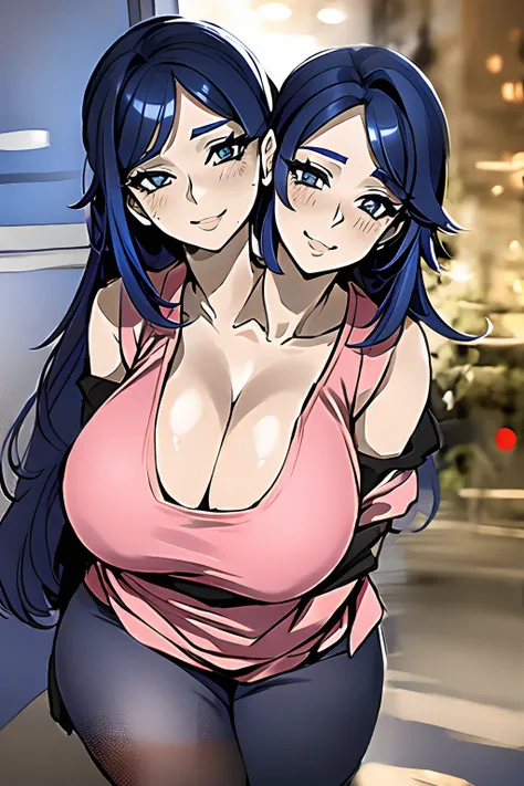 2heads, a short fat woman with 2 heads. She has extremely massive breasts. She looks playful and seductive. She is blushing. She has big fat breasts. She has long straight hair in a ponytail. She is inside a city office building with a window. She is weari...