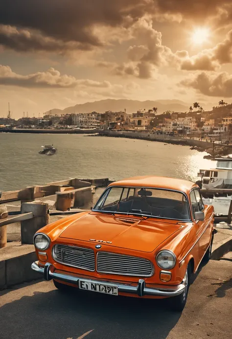 (Master Parts, High resolution, Beautiful fece:1.2), BMW cars of the 1970s, (Exterior Retro Orange:1.1), iconic design, Cruise along Harbour Road, (reflective light:1.2), Sunshine, Rustling sea breeze, (Look: harbor:1.1), Waves crashing on the shore, Mirro...