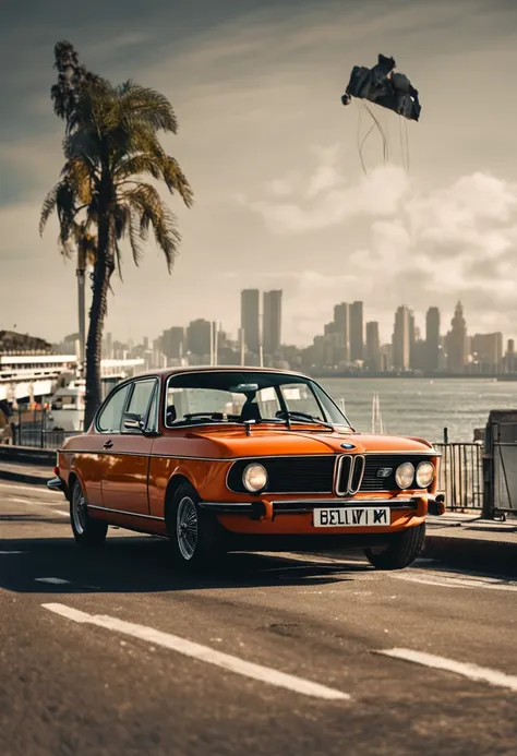 (Master Parts, High resolution, Beautiful fece:1.2), BMW cars of the 1970s, (Exterior Retro Orange:1.1), iconic design, Cruise along Harbour Road, (reflective light:1.2), Sunshine, Rustling sea breeze, (Look: harbor:1.1), Waves crashing on the shore, Mirro...