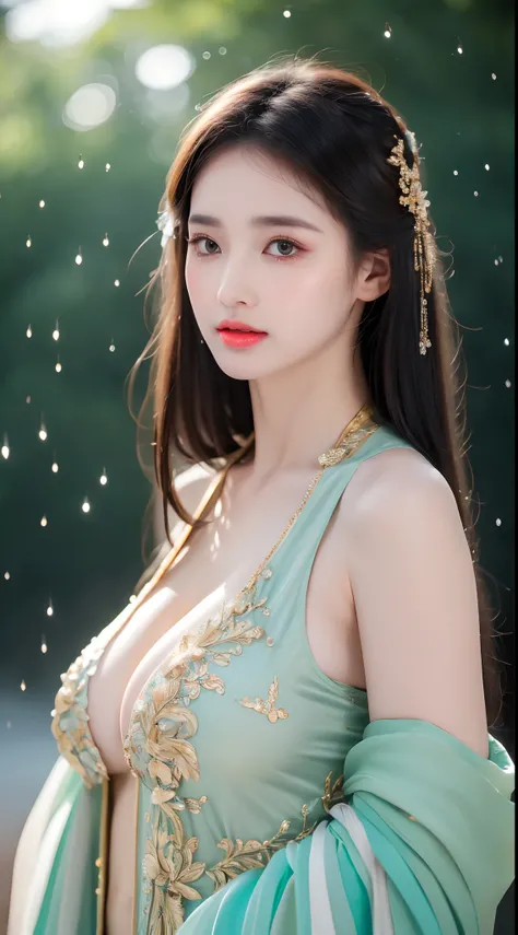 ((Best Quality, 8k, Masterpiece: 1.3)), Focus: 1.2, Perfect Body Beauty: 1.4, Buttocks: 1.2, ((Layered Haircut)), (Wet Clothes: 1.1), (Rain, Street:1.3), (Breasts: 1.2), (Hanfu: 1.2), Bare Shoulders, Bare Legs, Highly Detailed Face and Skin Texture, Fine E...