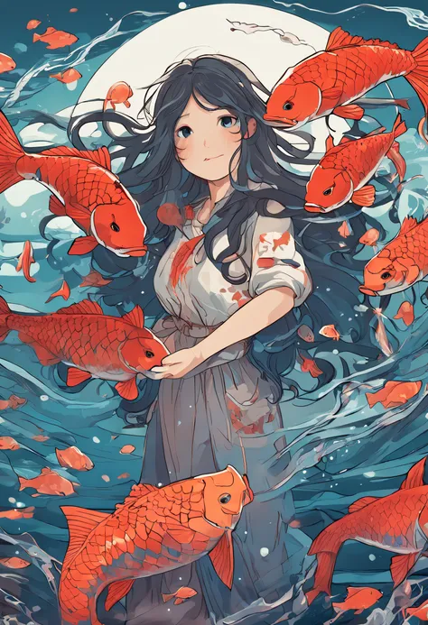 In the deep sea, A long-haired girl holds a koi fish in her arms，Ultra-clear，2D，Emphasize red and blue，Golden section