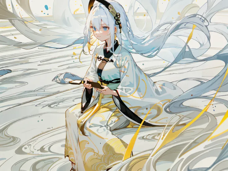 dusk,amazed,moody lighting,classroom,sitting,rim light,1girl,1girl，White hair，blue eyes，gufeng,Very long Hanfu，Fine clothing details，White Hanfu，White clothing，,4girl，yellow hair，blue eyes，gufeng,Very long Hanfu，Fine clothing details，yellow Hanfu，yellow cl...