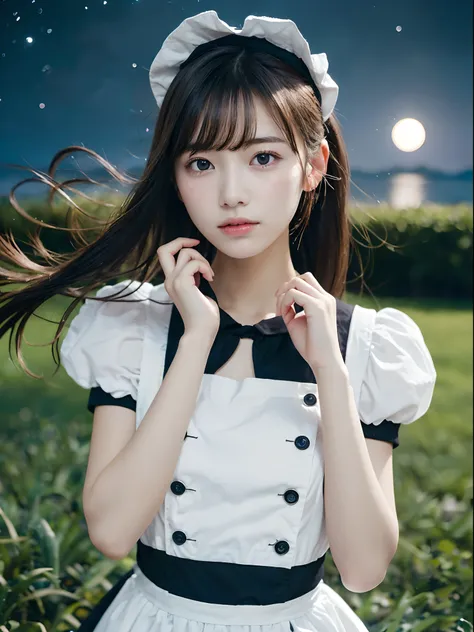 (Close up portrait of slender little breasted girl with twin-tailed hair fluttering in the wind in maid dress:1.5)、(Girl sadly looking at full moon shining in night sky:1.3)、(Full moon and late night sea :1.3)、(tre anatomically correct:1.3)、(complete hands...