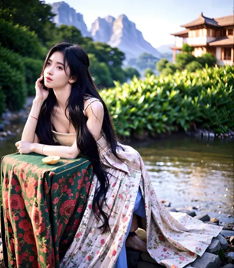 Masterpiece, Best quality, vibrant detail, 1girll, Pink eyes, Long hair, Black hair, the wallpaper, (Realistic, photo-realistic:1.37),Amazing, finedetail, (Grapefruit in front), (Temple in the background), Sitting, red kimono, Medium breasts, Topless, arms...