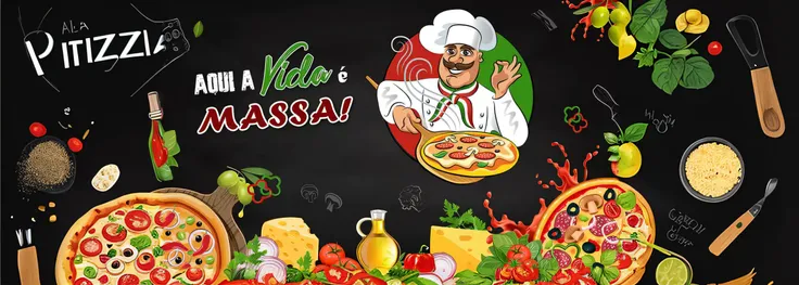 Theres a chef holding a pizza in front of a blackboard, pizza advert, pizza italiana, molho de vinha, apresentando pizza, cooking show, pizza, propaganda de alimentos, pizza!, cozinhar pizza, Hosada, amazing food illustration, lasanha, inspirado em Vito DA...