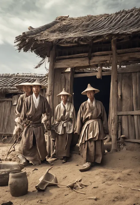 Koreans 150 years ago,ember,White costume,Clothes soiled with dirt,a picture,realisitic,male people,A battered and crumbling straw house GA,