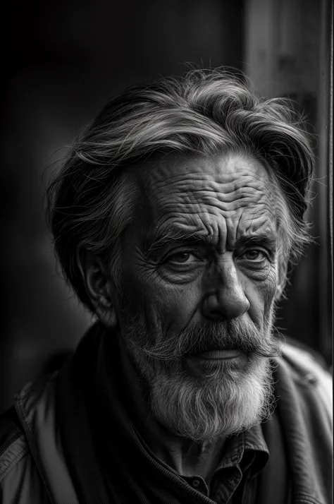 a close up of a man with a mustache and a moustache, old man portrait, dramatic portrait, gritty portrait, portrait photo of an old man, by Ibrahim Kodra, rugged face, close up portrait photo, wrinkled face, Imperfect skin, detailed skin, pores, photogenic...