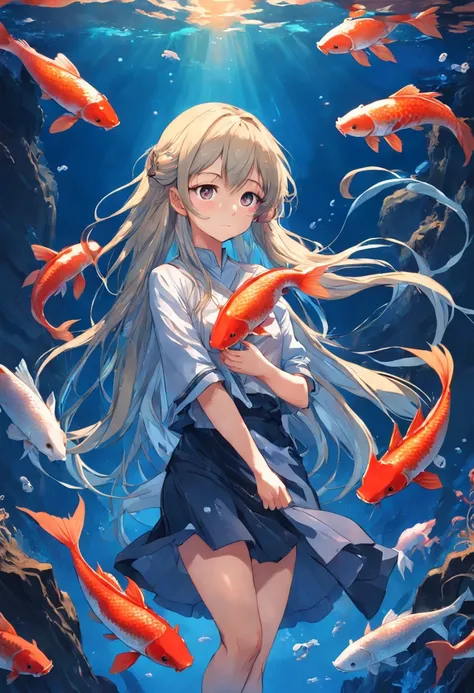 In the deep sea, A long-haired girl holds a koi fish in her arms，Ultra-clear，2D，Emphasize red and blue，Golden section