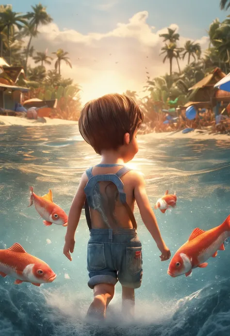 movie picture quality，Disney animation style，A little boy swims in the sea with a koi in his arms，short detailed hair，Denim suspenders，The barefoot，depth of fields，high light，Real light，Ray traching，oc rendered，Hyper-realistic，best qualtiy，8K，Works of mast...