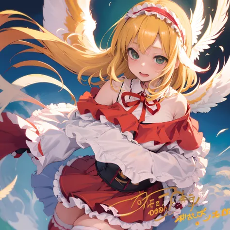 1 girl, smile, tareme ,opened mouth, raised eyebrows, eyeball, blonde medium hair, parted bangs, perm hair, hairband, (thick red skirt:1.2),white long sleeve shirt, ,corset, 12 years old, medium breast, (wing on shoulders:1.5), green eyes, round face, full...