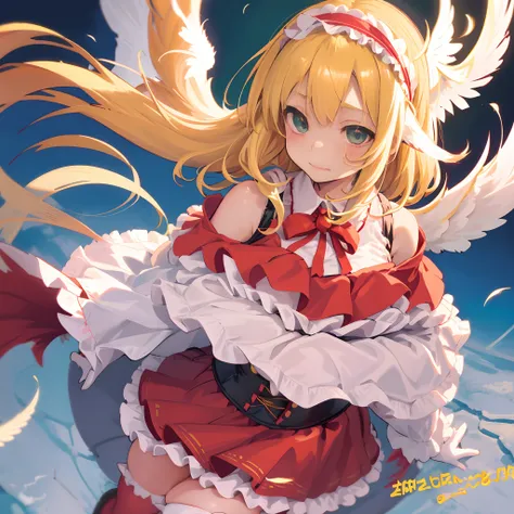 1 girl, smile, tareme ,closed mouth, raised eyebrows, eyeball, blonde medium hair, parted bangs, perm hair, hairband, (thick red skirt:1.2),white long sleeve shirt, ,corset, 12 years old, medium breast, (wing on shoulders:1.5), green eyes, round face, full...