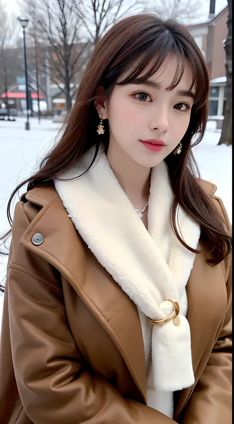 1 girl, bare_tree, brown_eyes, brown_hair, building, coat, cross_earrings, earrings, fur, fur trimmed_coat, fur_collar, fur_scarf, fur_trim, jewelry, lips, shorthair, looking_at_viewer, outdoors, snow, snow, solo, tree, upper_body, Winter, winter_clothes, ...