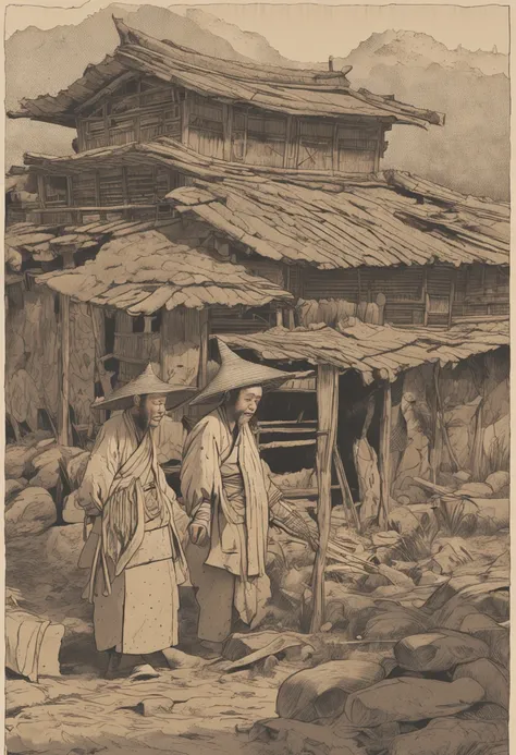 Koreans 150 years ago,ember,White costume,Clothes soiled with dirt,a picture,realisitic,male people,A battered and crumbling straw house