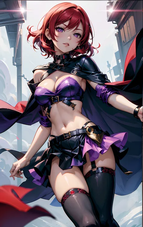 Nishikino maki, Purple eyes, red hair, purple crop top, strapless, cleavage, pelvic curtain, thighhighs,cape, black lips,dark magic, llchar