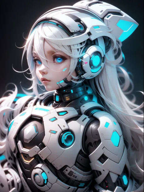 humanoid robots,Cyborg,Solo,Female,Platinum blonde hair,Long hair,two sides up,White armor，white color mecha，neonlight，