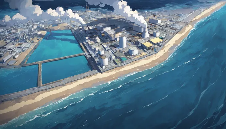 Depicting the appearance of the Fukushima nuclear power plant, Show the discharge outlet to dump contaminated water into the ocean. Emphasize the contrast between nuclear power plants and the vast sea