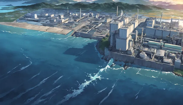 Depicting the appearance of the Fukushima nuclear power plant, Show the discharge outlet to dump contaminated water into the ocean. Emphasize the contrast between nuclear power plants and the vast sea