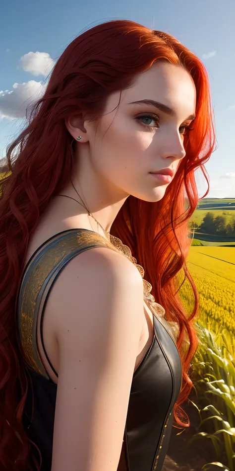 photo of a 25-year-old European girl, RAW, beautiful woman, (extra long wavy red hair), ((portrait)), ((detailed face: 1.2)), ((detailed facial features)), (finely detailed skin), pale skin, highly detailed deep neckline cyberpunk dress, corn farmland envi...