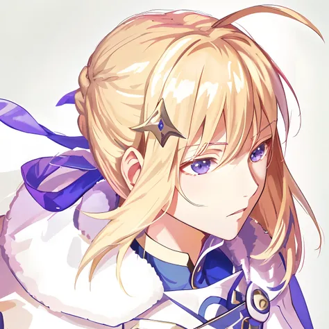 animemanga girl，A blonde long-haired，eBlue eyes，Wears red collar armor and white cape, There are dull hairs，Artoria Pendragon, anime style like fate, inspired by Li Chevalier, marisa kirisame, fate/zero, blond-haired princess, Violet Evergarden