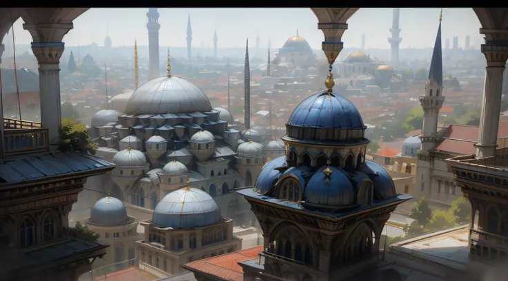 arafed view of a large building with a blue dome, istanbul, with beautiful mosques, mosque, ottoman sultan, turkey, surrounding the city, fallout style istanbul, islamic architecture, with great domes and arches, viewed from afar, black domes and spires, o...