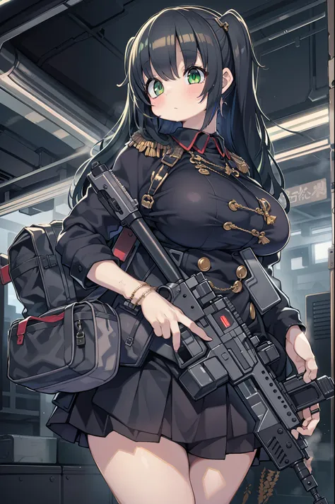 assault rifle、Long sideburns、Anime-style girl with beautiful whole body, clean detailed faces, ciber,analogous colors, Glowing shadows, beautiful gradients, depth of fields, CLEAN IMAGE, High quality,Black Parker Clothing、 high detailing, High Definition, ...