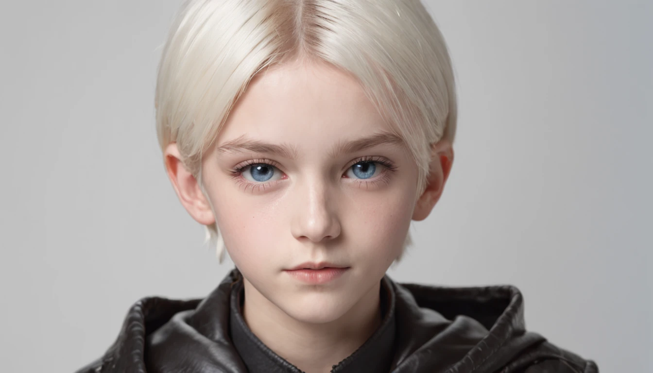 English boy，Twelve years old，Short white-blond hair，Light blue eyes，dressed in a black robe，Black leather boots，The expression is haughty，is very beautiful，Thin and tall，hands in a pocket，Sit on a luxurious leather sofa