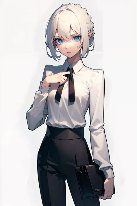 a tall, very attractive man.  she has short white hair that falls down, slightly covering her eyes.  has bright blue eyes.  whit...