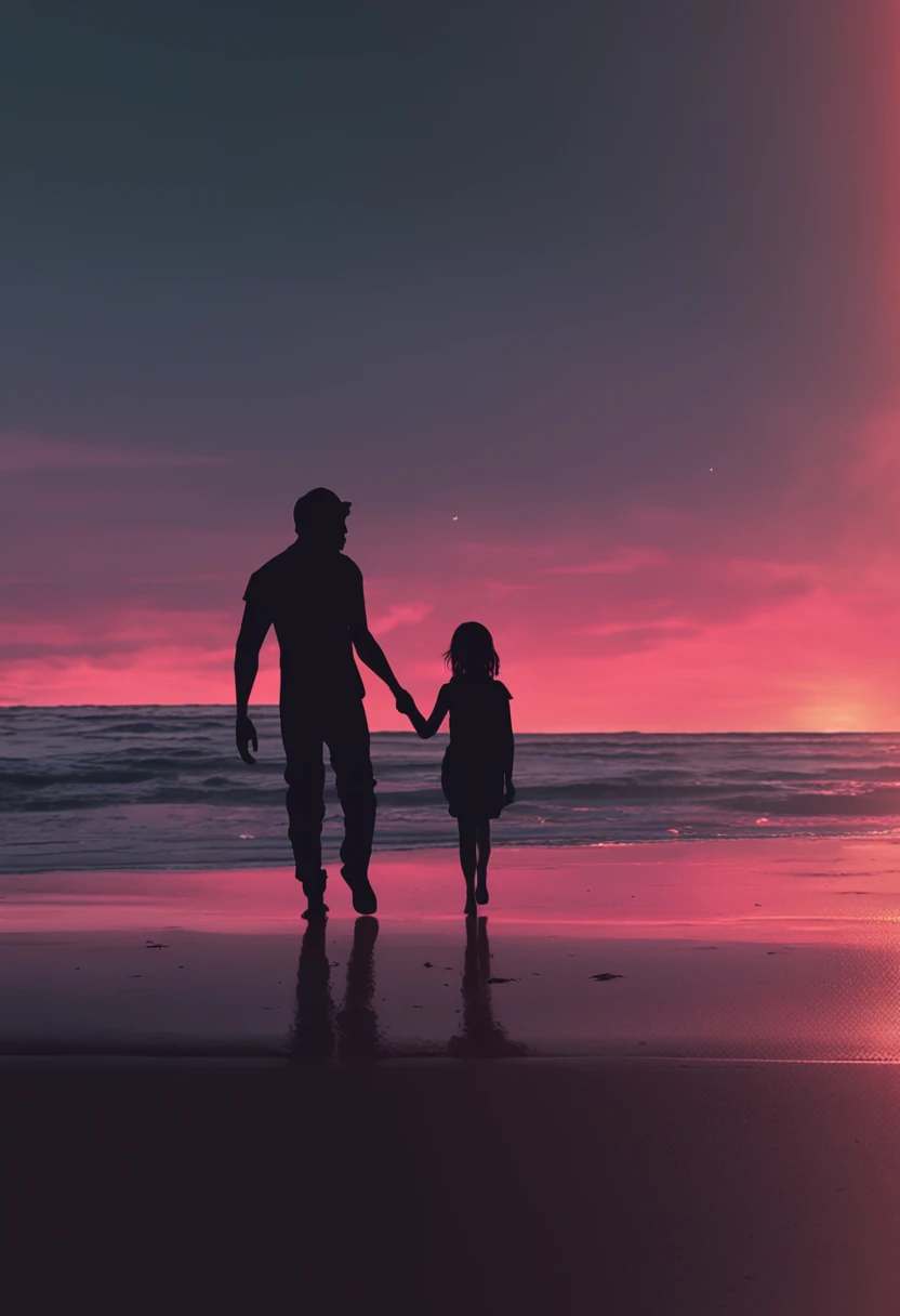 a shadow of a girl are walking on the beach holding hands and holding a frisbee, burning scene in the background, dark. no text, the most beautiful scene, movie frame still, rotoscoped, with a spooky filter applied, 2d, 2 d, fires glow lonely, movie still ...