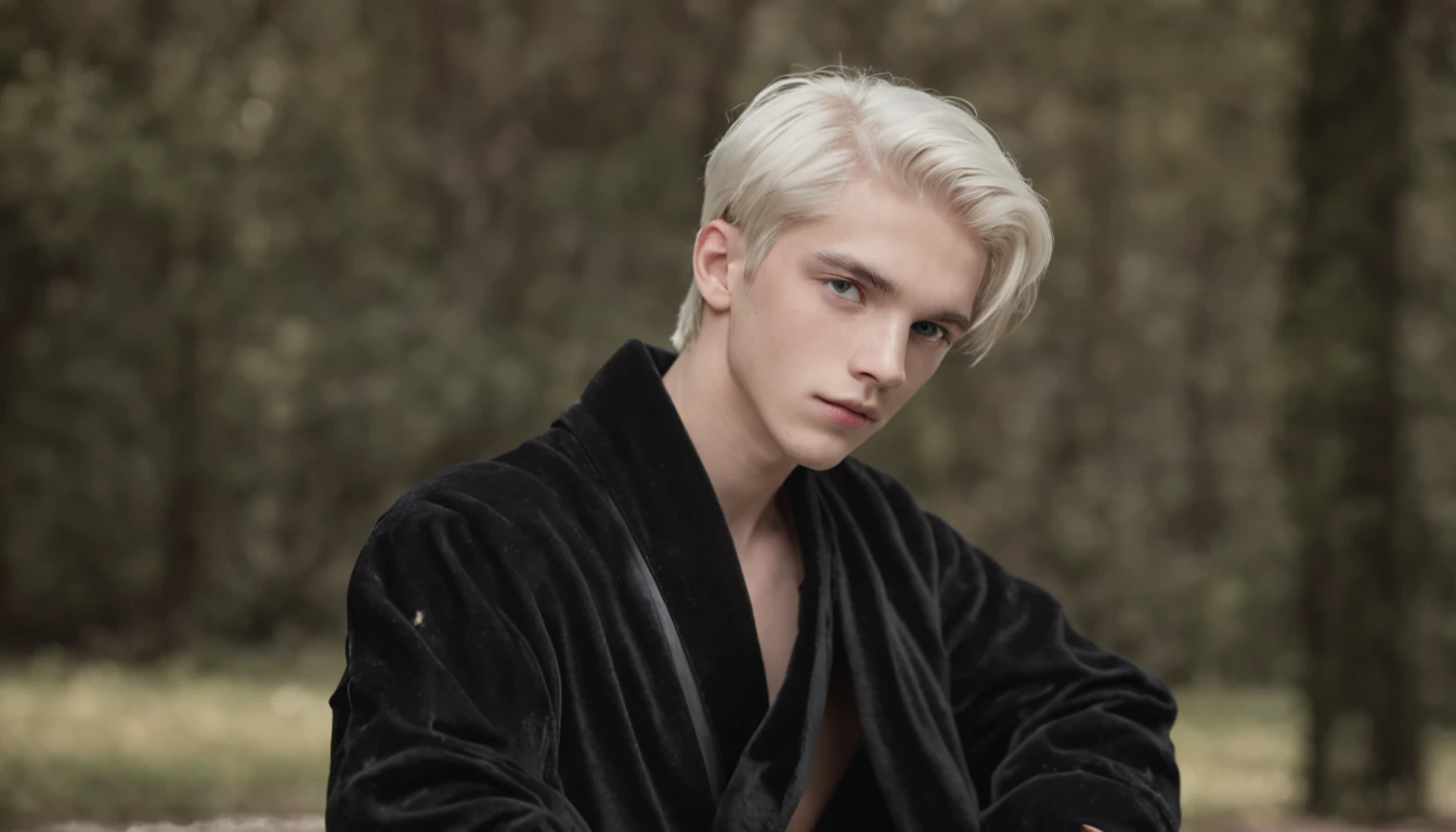 English boy，Twelve years old，Short white-blond hair，Light blue eyes，Dressed in a black robe，Black leather boots，The expression is haughty，Very handsome，Thin and tall，hands in a pocket，Sit on a luxurious leather sofa，Very handsome